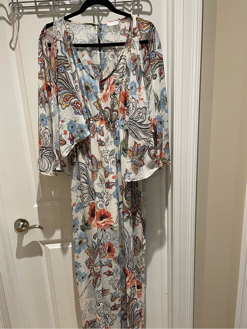 Floral Paisley Maxi Dress in White with Coral & Blue